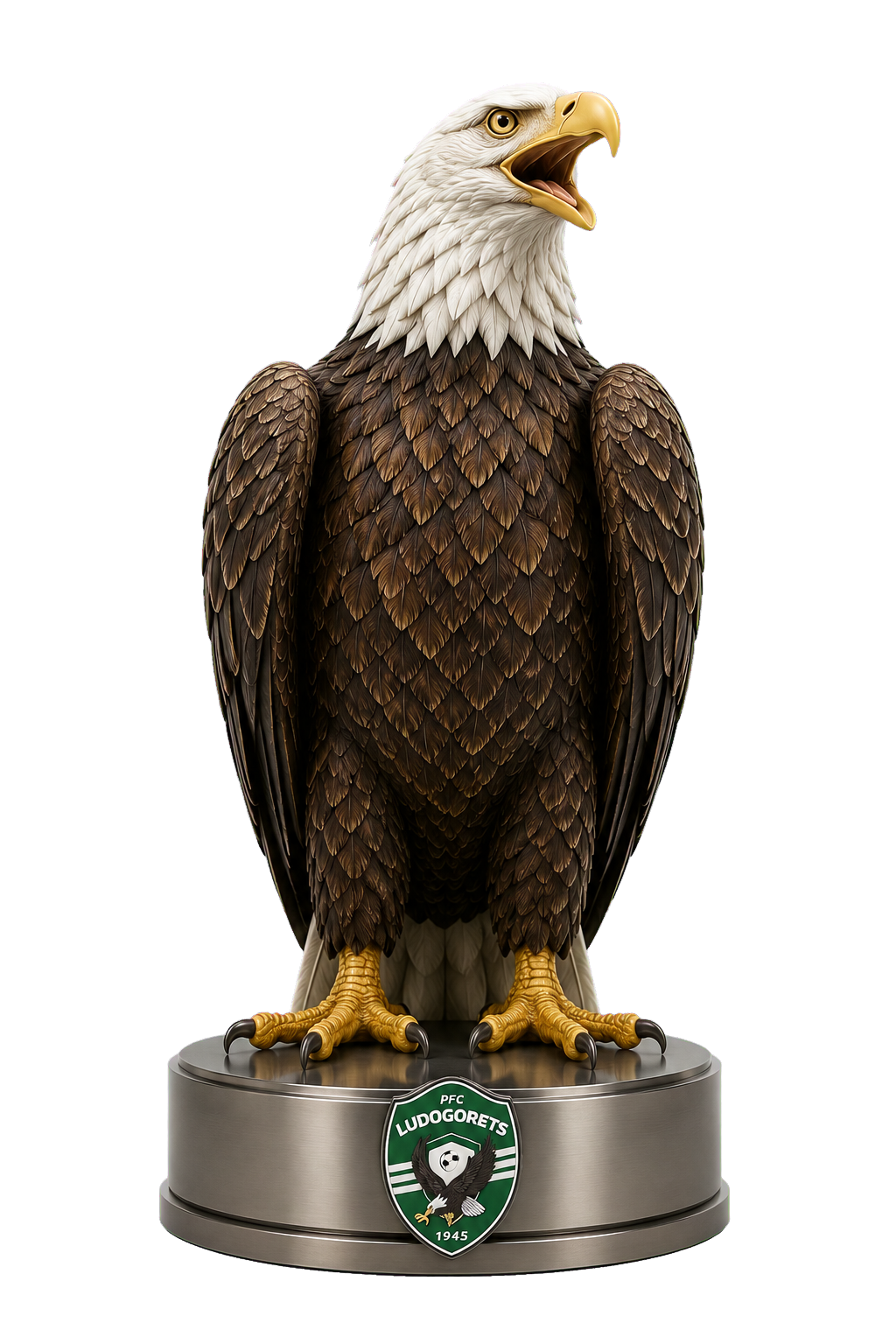 Eigenständiger skulpturaler Adler von LE PETIT ATELIER auf einem Sockel mit dem Vereinswappen von Ludogorets.